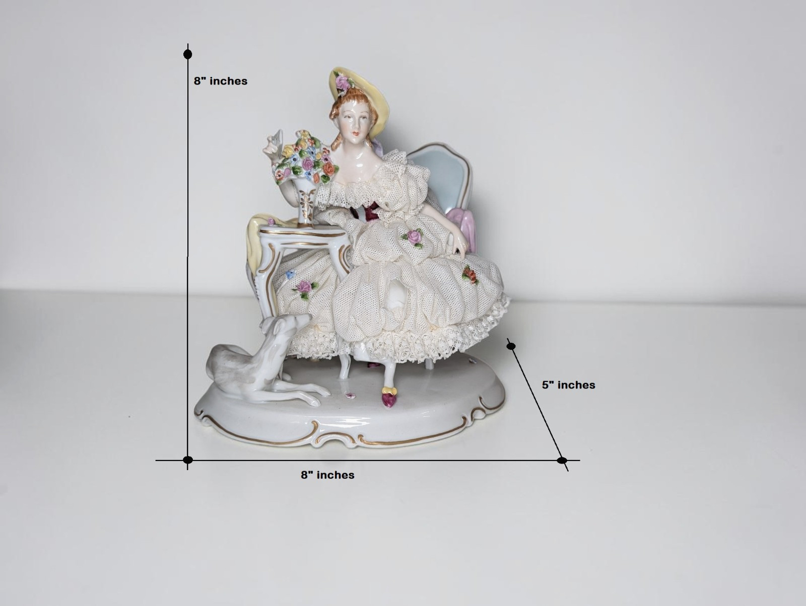 Unterweissbach German Dresden Lady W Flowers & Dog Porcelain Lace Figurine AS-IS
