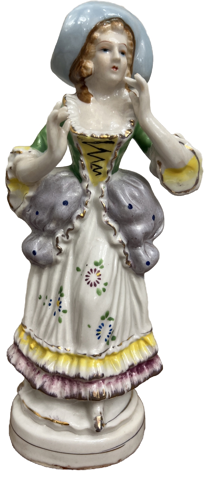 Vtg 8″ Woman in Blue Hat Gold Trim Figurine Made in Japan Hand Painted Porcelain