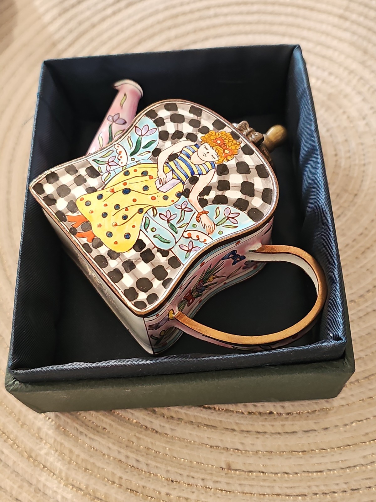 collectible vintage Kelvin Chen Teapot Chinese, miniature woman Cloisonne Enamel