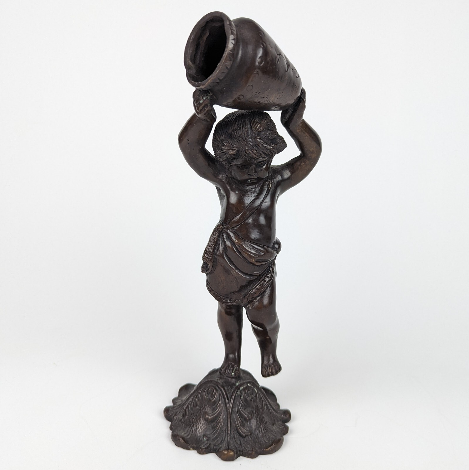Vintage Cast Metal Cherub Boy Holding Water Pitcher 11″ Statue Figurine Decor