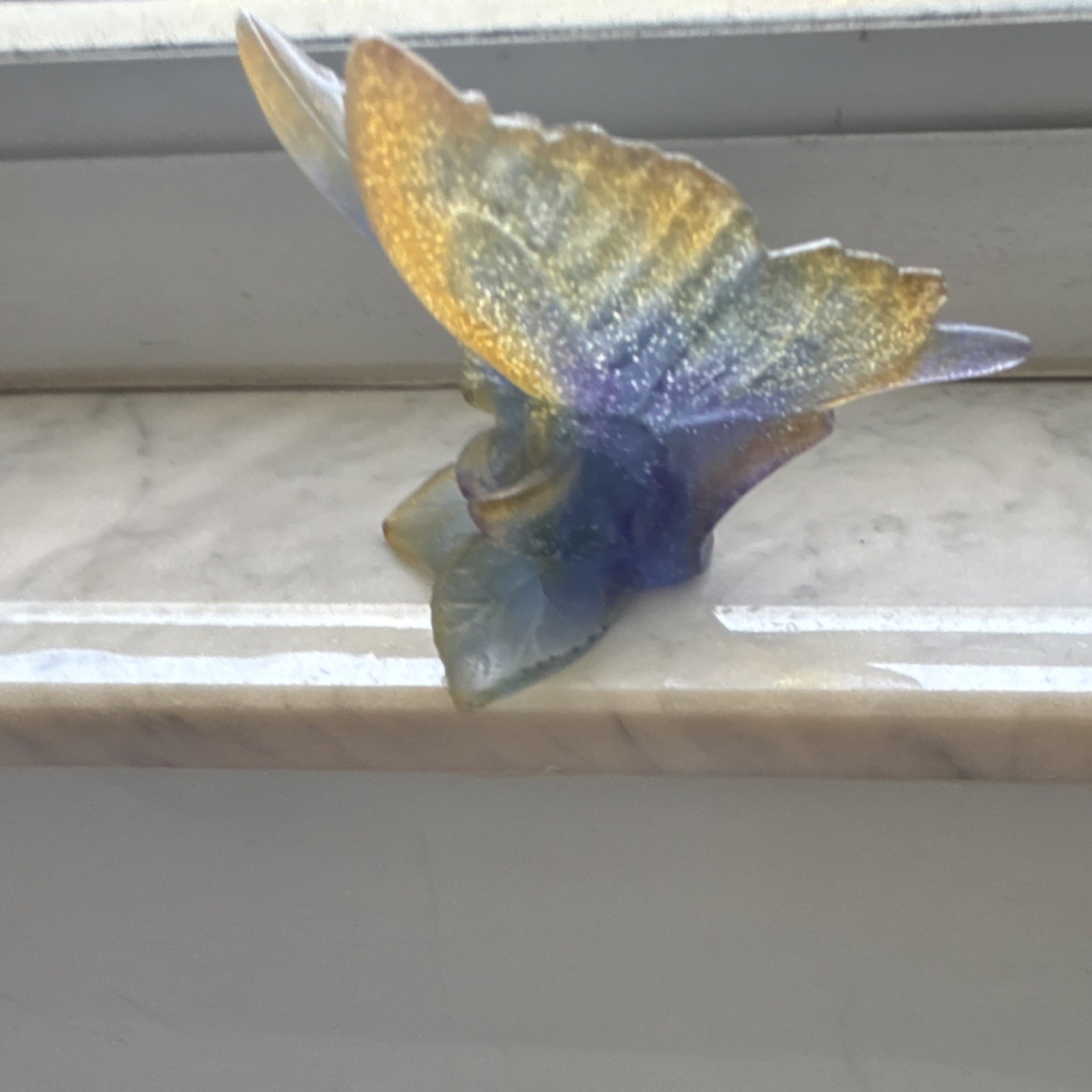 Daum France Signed Pate De Verre Butterfly On Leaf Art Glass Lavender And Gold
