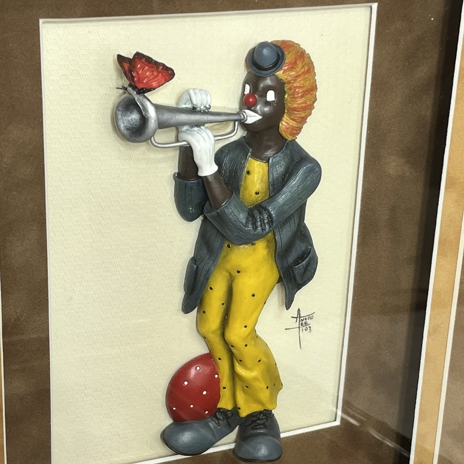 2 Annie Lee Framed Matted Handmade Clowns Toot Toot Tony Tweedle Horn Clarinet
