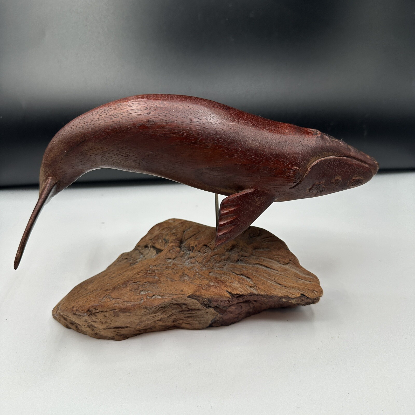 Hand Carved Wood Whale Sculpture Coastal Nautical Decor Signed Folk Art 9″ Beach