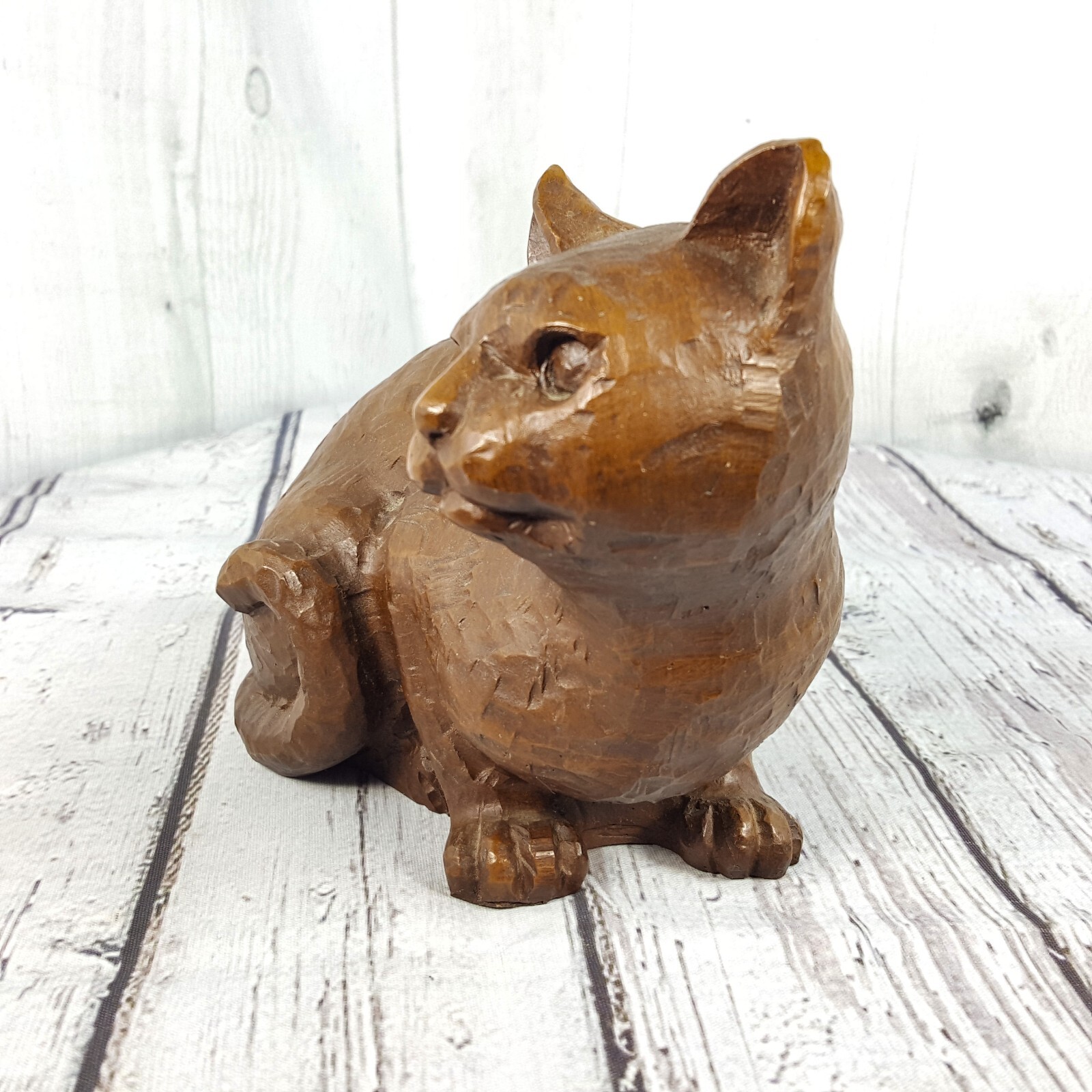 Faux Carved Wood 6″ Brown Cat Resin Figurine Statue 2lb Doorstop