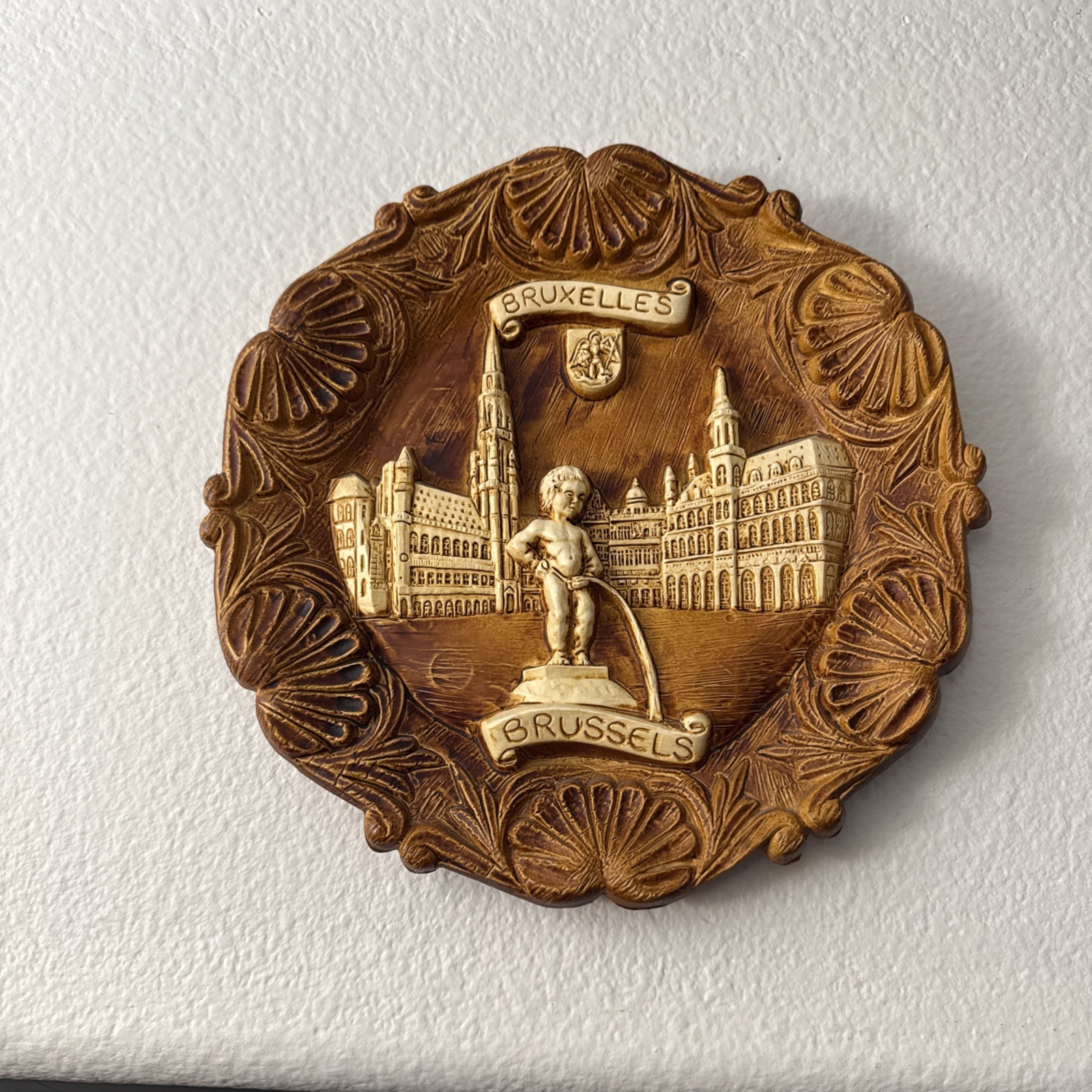 Vintage German Brussels Wood Carved 3D little boy Wall Hanging 8 1/2 inches