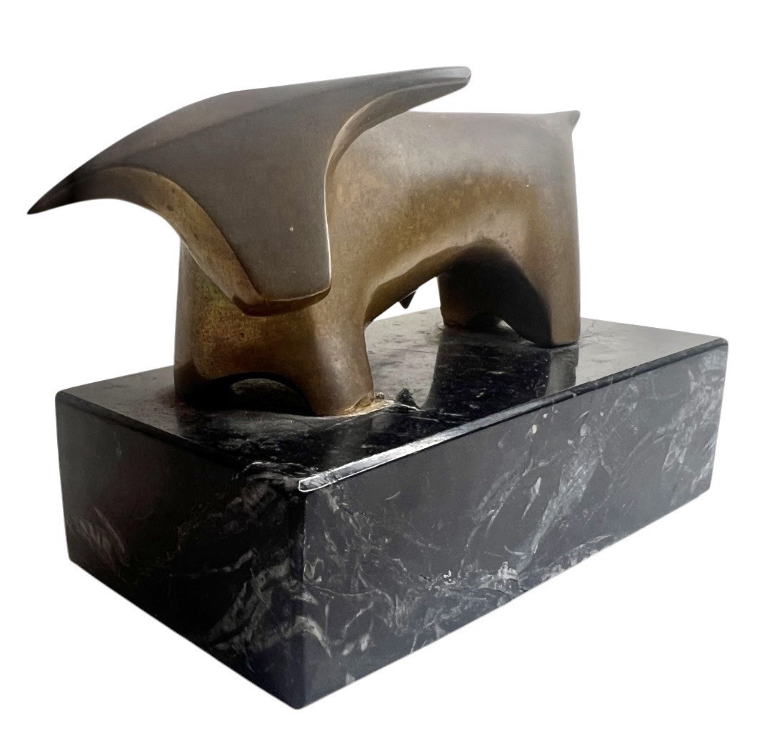Vintage 1967 MCM Solid Bronze Bull Sculpture Signed Saldana; Heavy; Marble Base