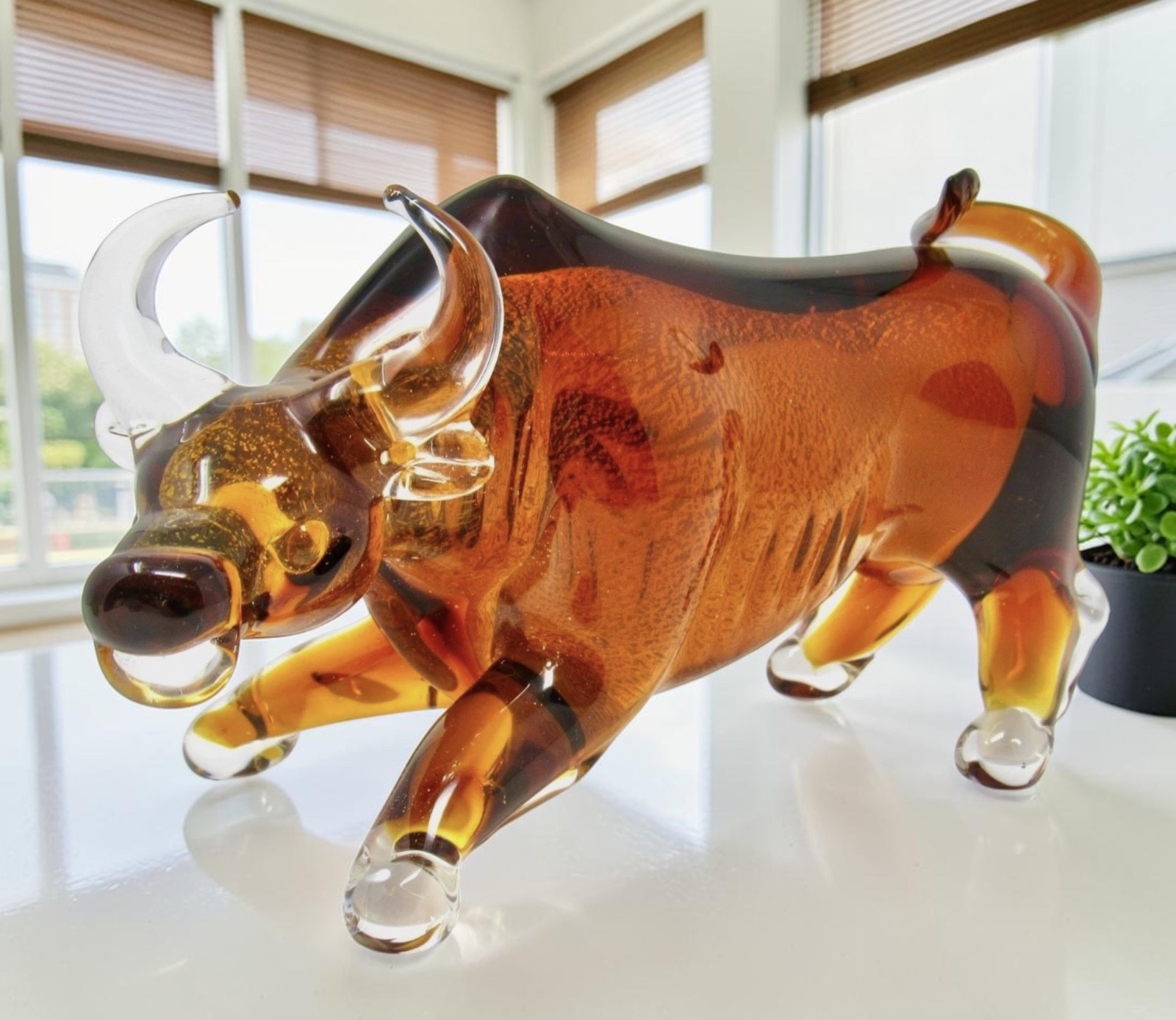 HUGE 30cm Murano Art Glass Freeform Bull Sculpture Silver Inclusions Prosperity!