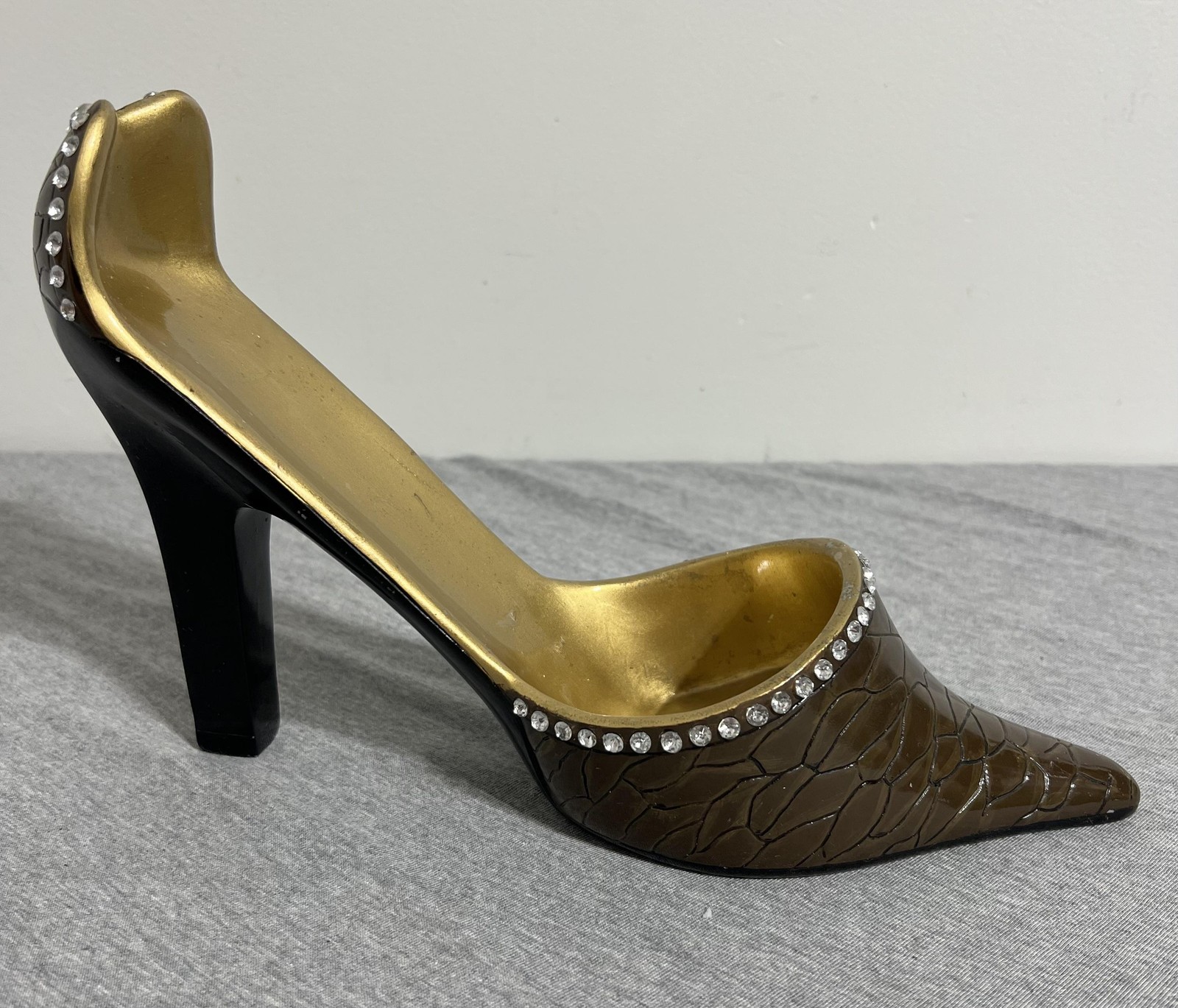 High Heel Stiletto Shoe Figurine Brown Gold Black Rhinestone Accents Decor Gift