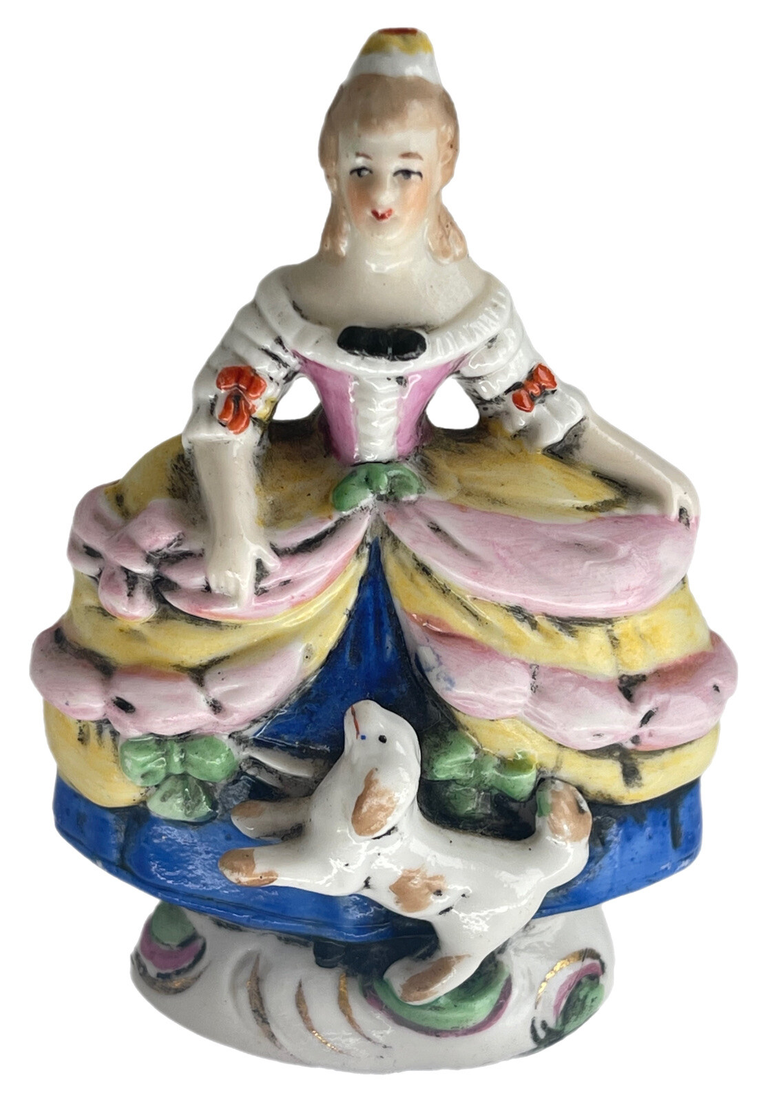 Antique German Porcelain Court Lady with a Dog Figurine 18310 3 1/4”Hand painted