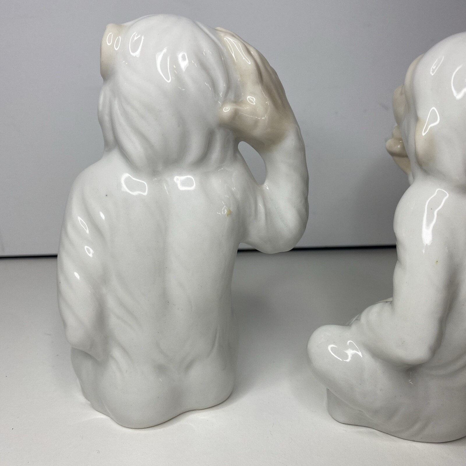Vintage Tengra Monkey Figurine Porcelain 5 1/2” White Hand Painted 