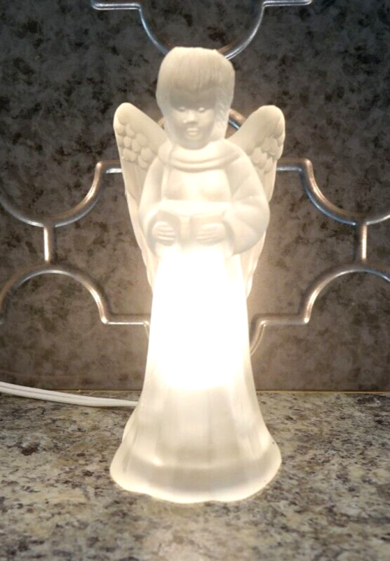 Lighted Frosted Glass Christmas Angel Figurine Nightlight Tested Working