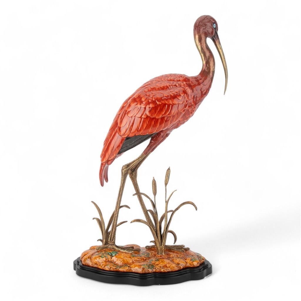 Exquisite Porcelain Tall Scarlet Ibis Bird Sculpture with Bronze Ormolu-27.5”H