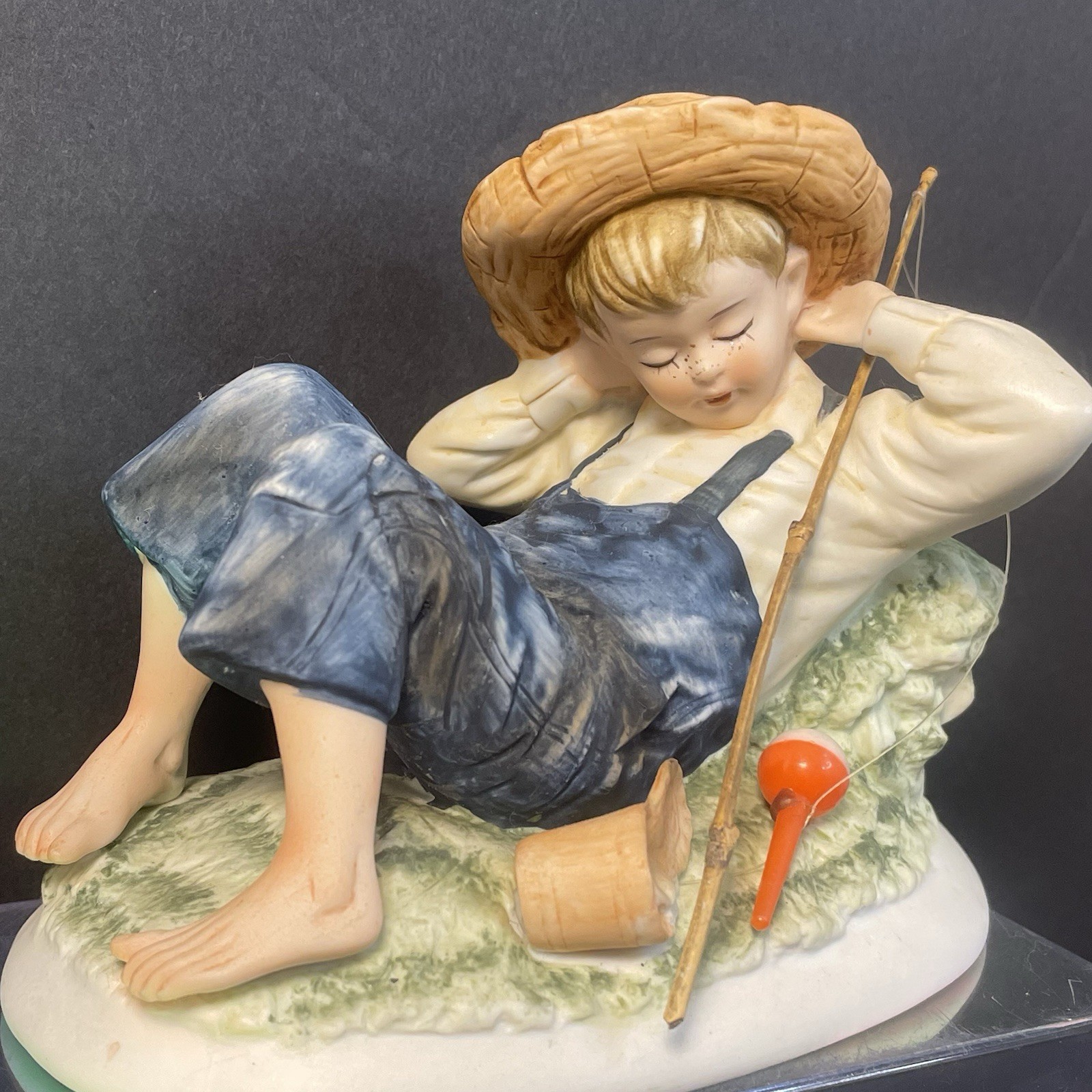 Lefton Bisque Figurine KW3839 Napping Barefoot Boy Fisherman In Overalls Vintage