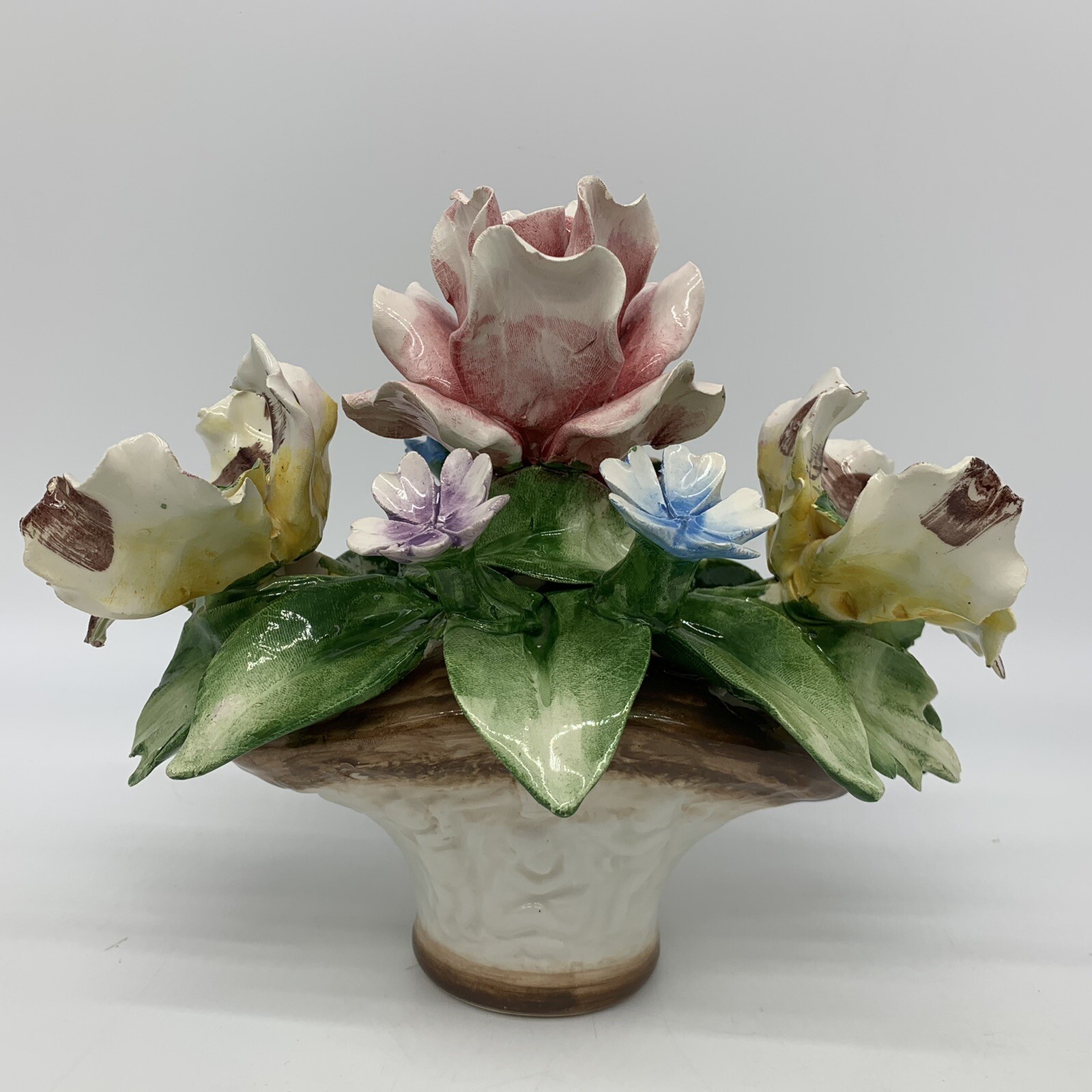 VTG Capodimonte Fragile Porcelain Roses 8″ Flowers in Pot Vase – Made in Italy