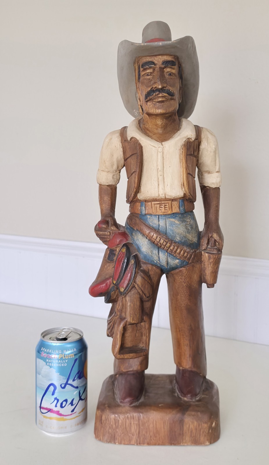 LARGE 20″ Carved Wooden Lee Jeans Advertising Cowboy Statue Western Decor READ