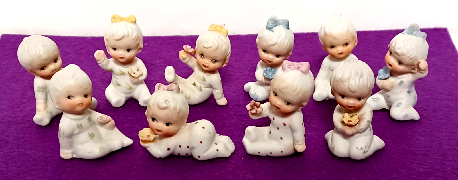 Lot of 10 Mini Porcelain Bisque Pajama Babies Frankel Taiwan 2″ Vtg 1970’s