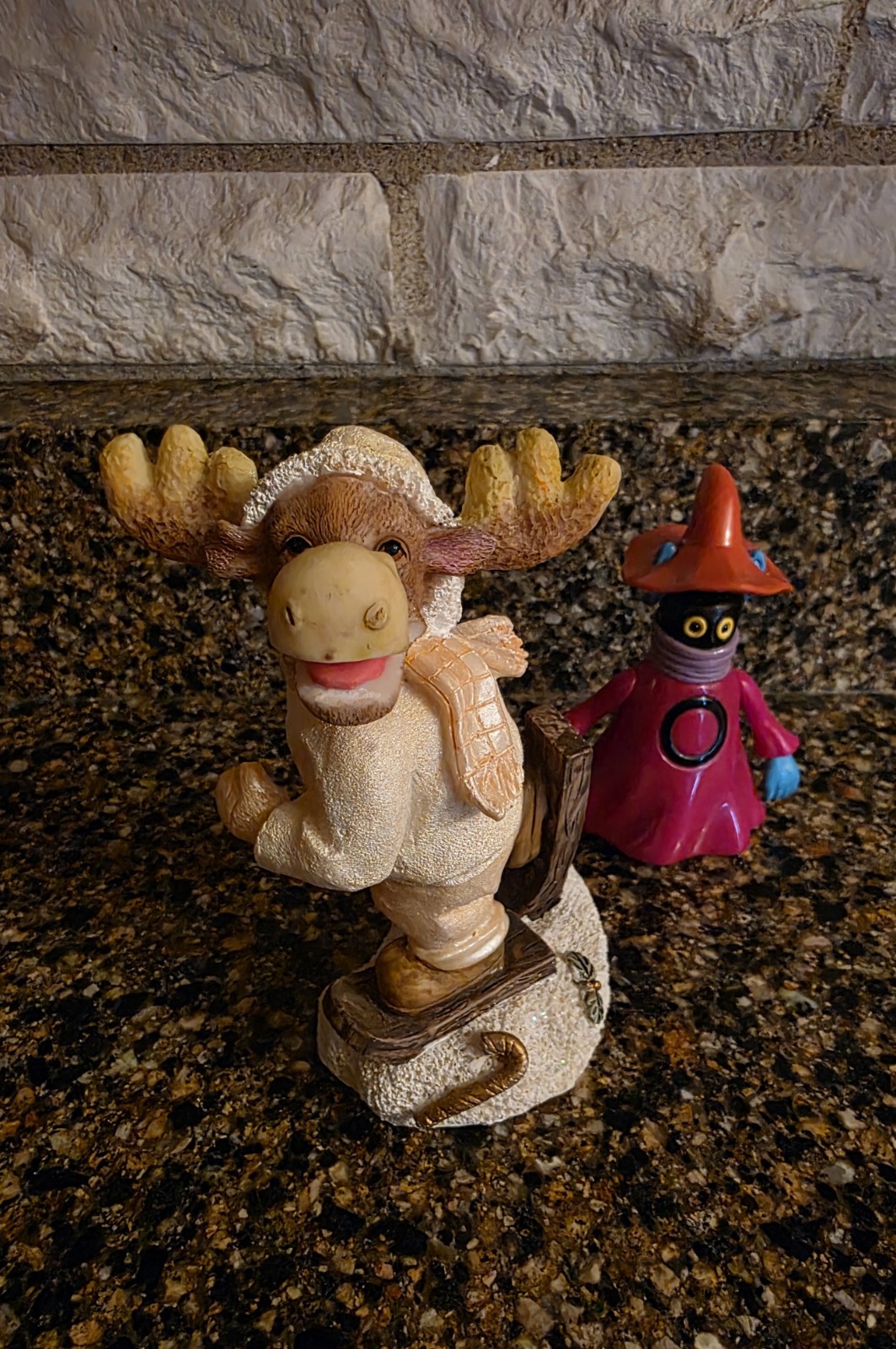 Resin Moose Figurine Standing on Base Hand Painted Beige Brown White