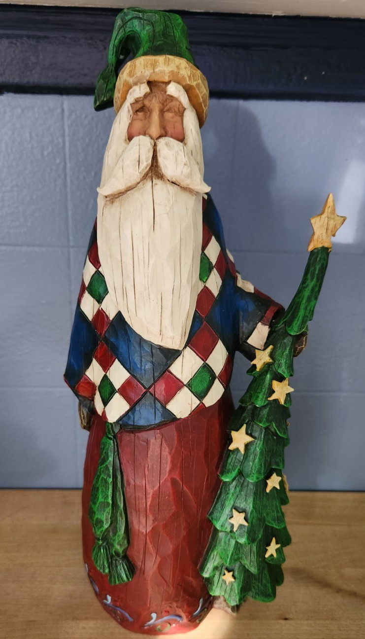 2002 Jim Shore Enesco Heartwood Creek Tall Santa w/ Tree Plaid 105530 Rustic