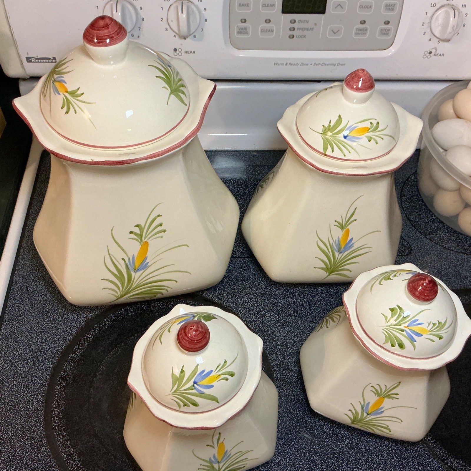 J. Willfred Sadek Hand Painted Ceramic Rooster Canister Set