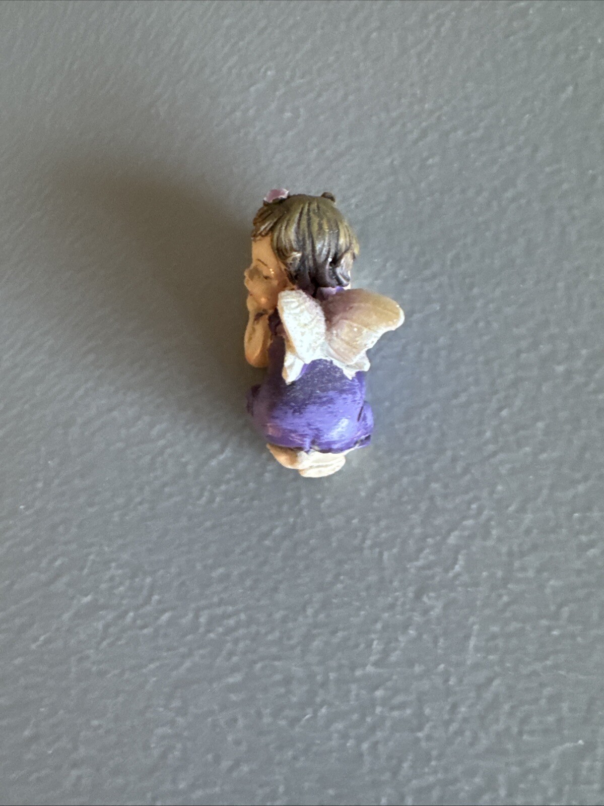 Tiny Baby Girl Angel Figurine Purple Angel Wings Pink Flowers Fairy Garden