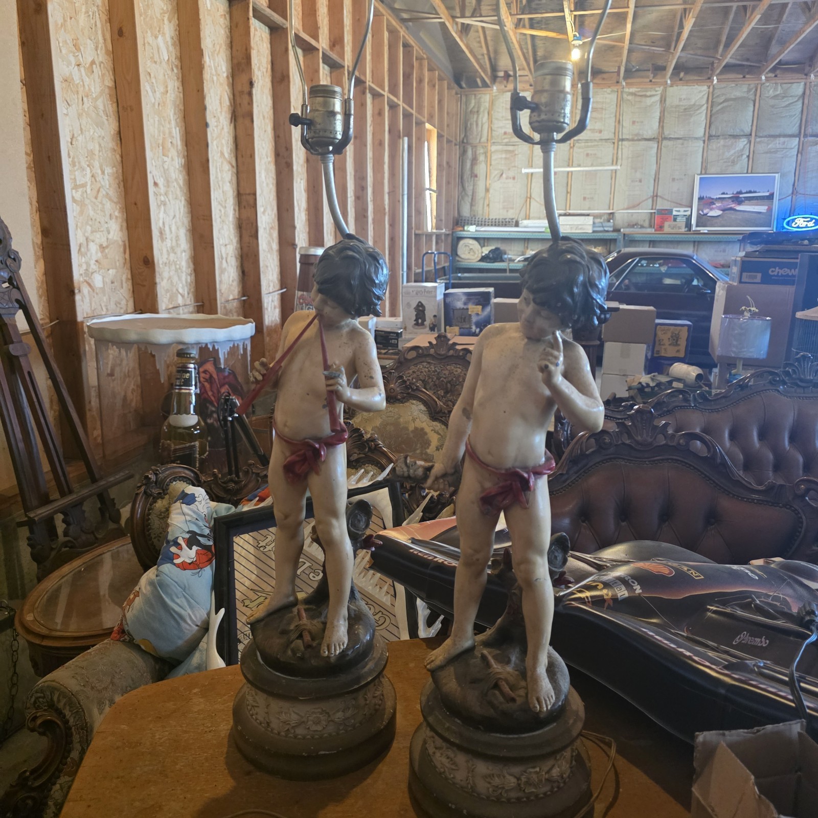 RaRe Pair VTG Moreau Figural Putti Cherub Metal Lamps COLLECTION FRANCAISE