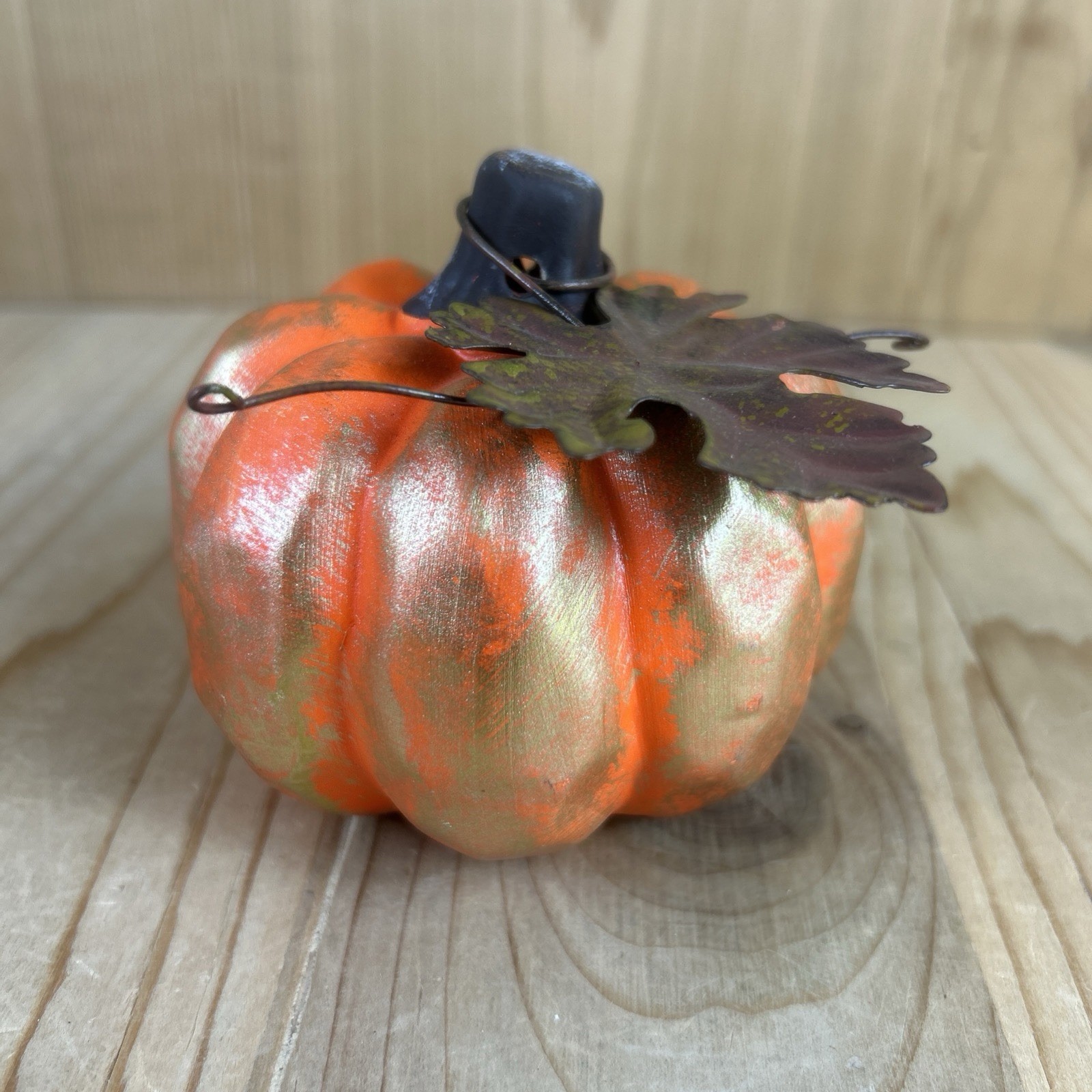 Pumpkin Figurine Set Of 3 Orange Gold Ceramic Metal Leaf Vine Fall Harvest 4×3”