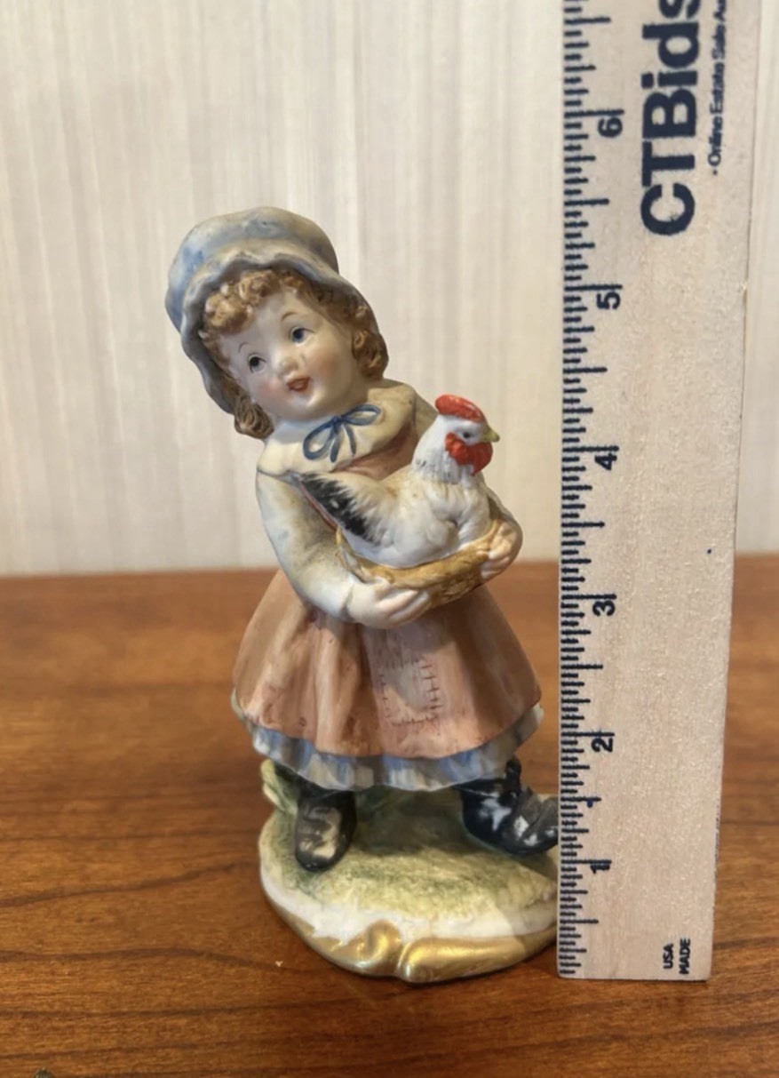 Lefton China Farm Girl W/Chicken & Boy W/Fish KW2667 Vintage Farmhouse Figurine
