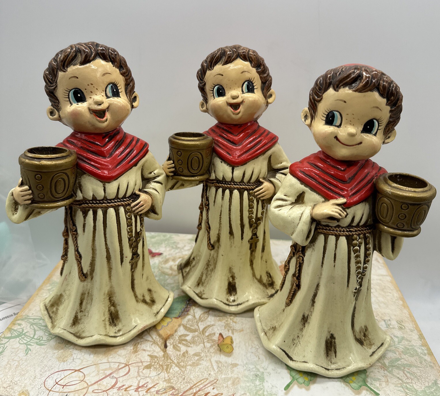 3 Vintage Josef Originals Church Boy Monk Paper Mache Figurines & Candle Holders