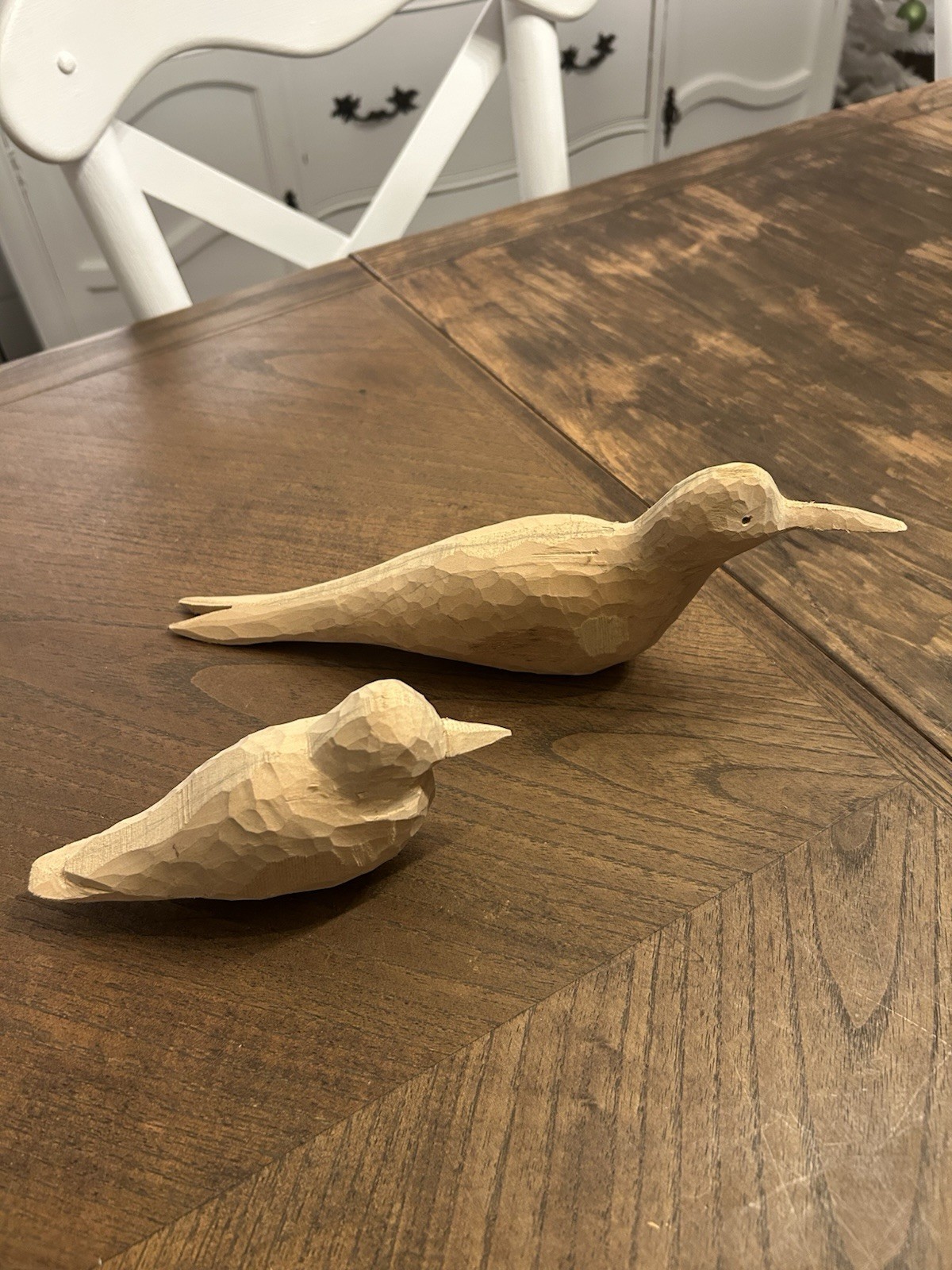 Pair Of Hand Carved Wooden Birds Raw Natural Unpainted Coastal Decor ￼