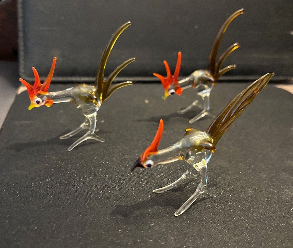 Purchased in the United Kingdom 1974 Roosters and Hen miniature hand blown glass