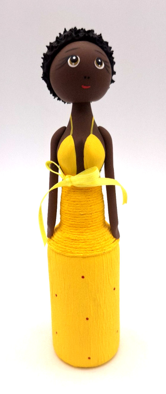 Handcrafted Brazil Recycled Folk Art Clay Woman in Yellow Figurine 7″