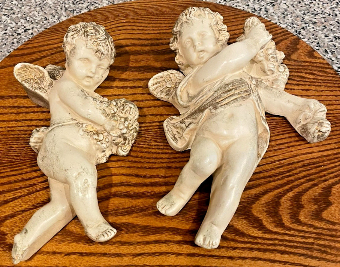 Vintage white with gold Chalk Cherub Angel Wall Hanging Figurines Decorative set