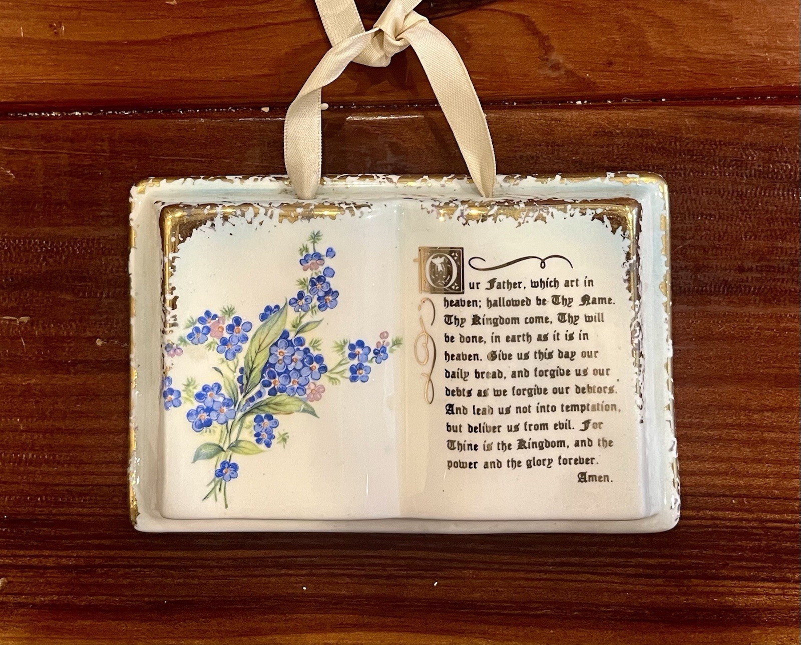 Vintage Porcelain Open Bible Figurine The Lords Prayer Gold Trim 5”