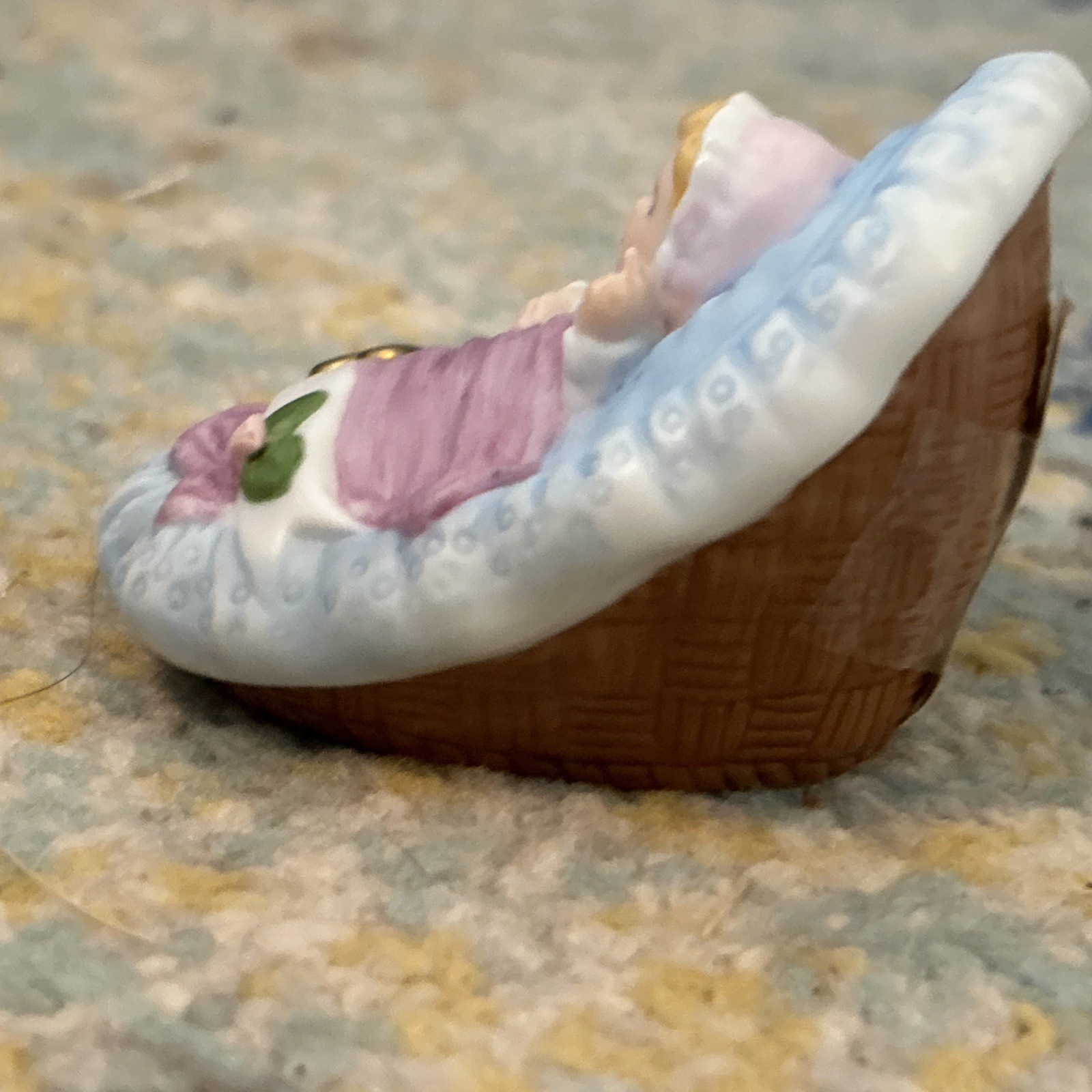 ENESCO Growing Up Baby In Cradle 1983 Porcelain Figurine Blonde Hair NIB