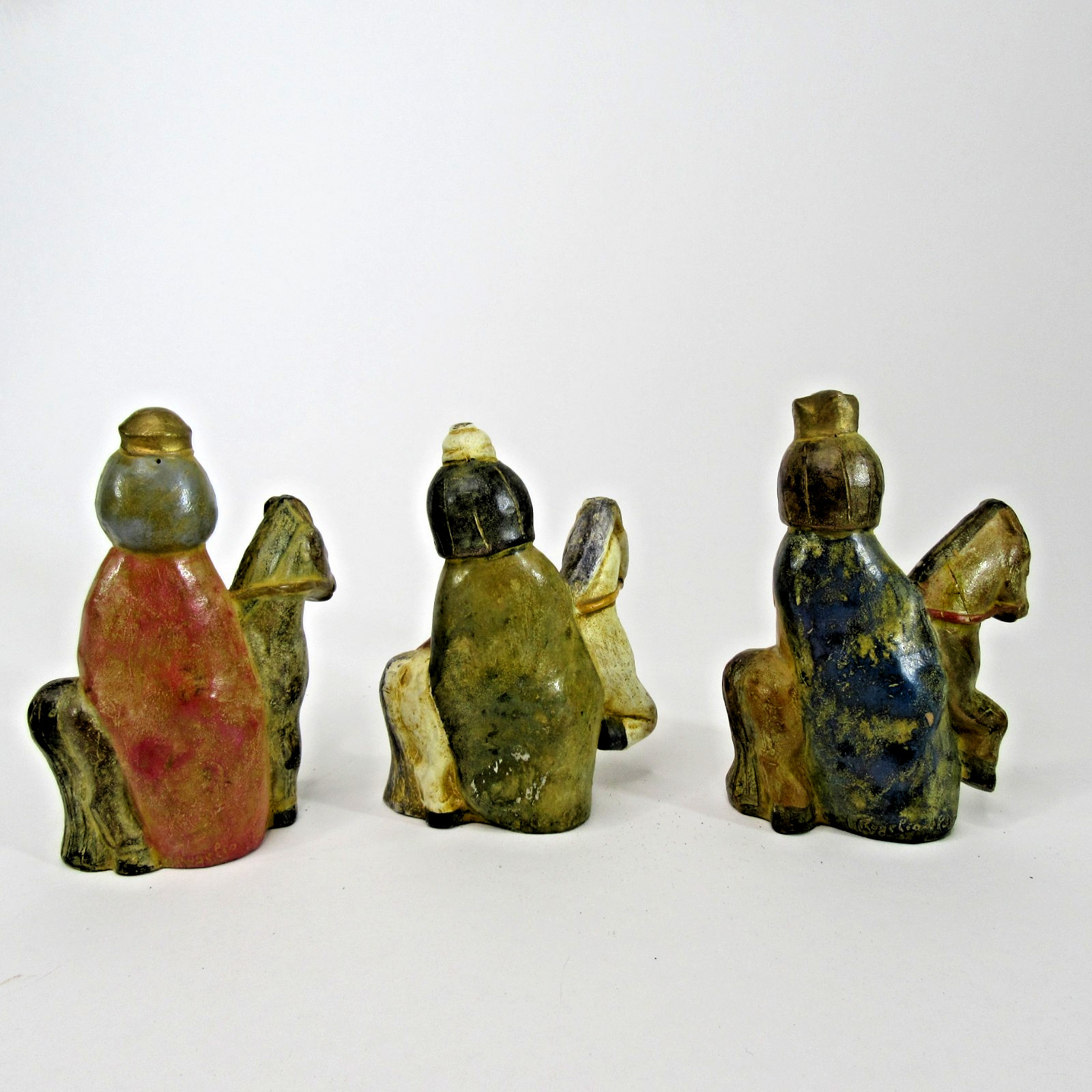 vtg handmade Rogerio Spain Three Wise Men figures Xmas pottery clay 4″ nativity