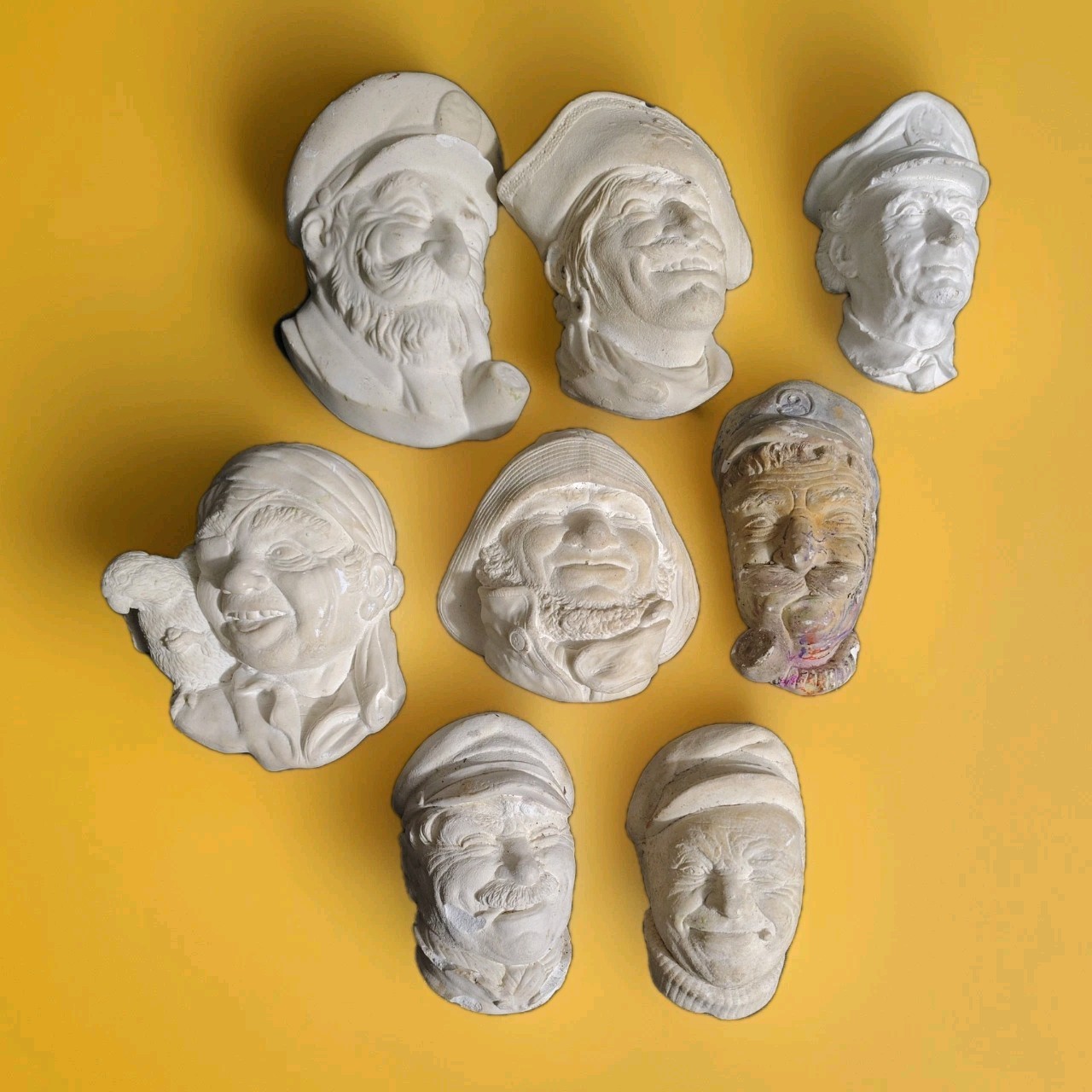 Vintage Decorators 8 pc lot Chalk Plaster Cast Heads Seamen sailor pirate 5-6in