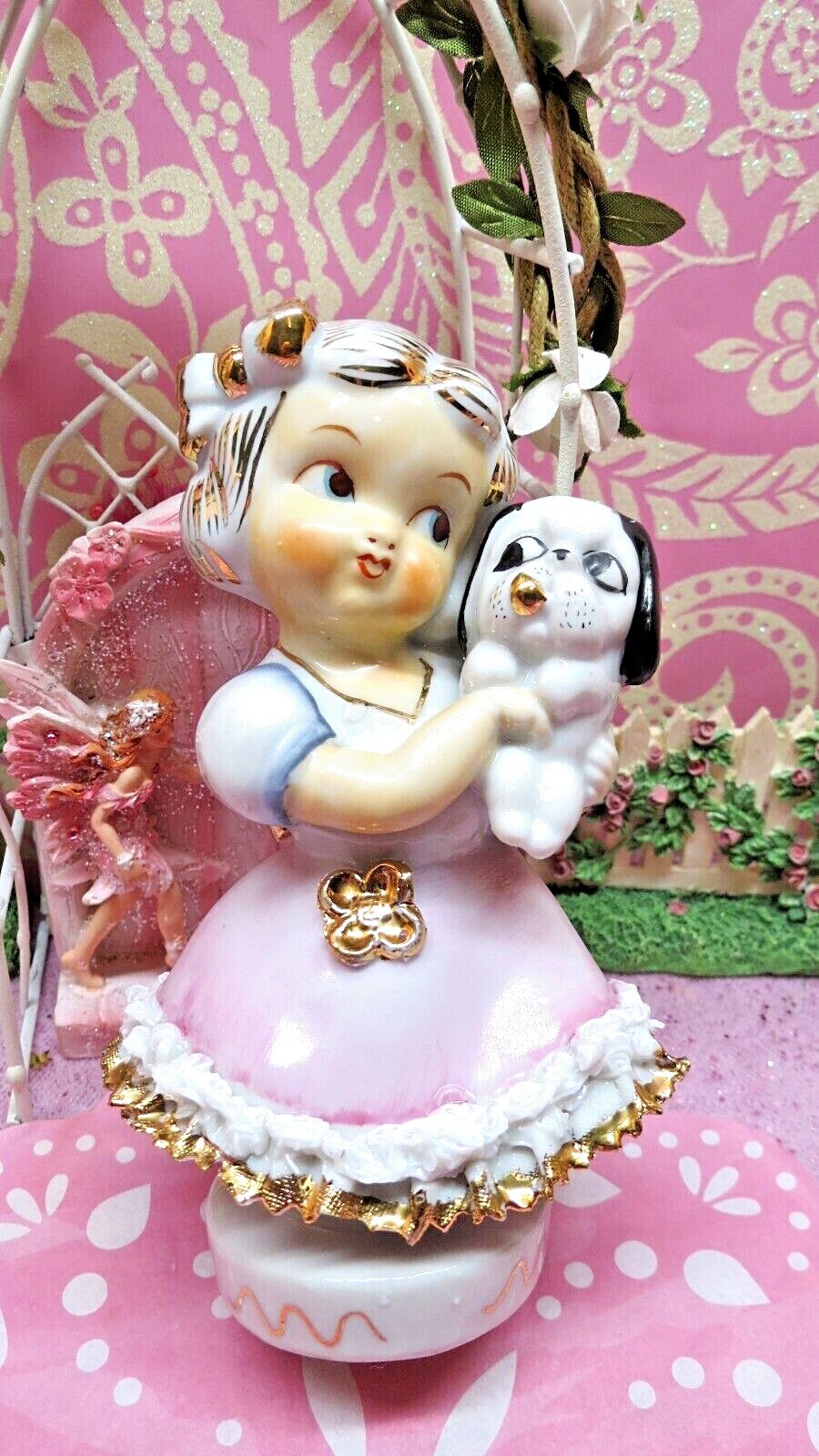 Vtg TMJ Little Girl Holds PUPPY DOG ~ PINK GOLD FRINGE LACE DRESS GOLD HAIR BOW