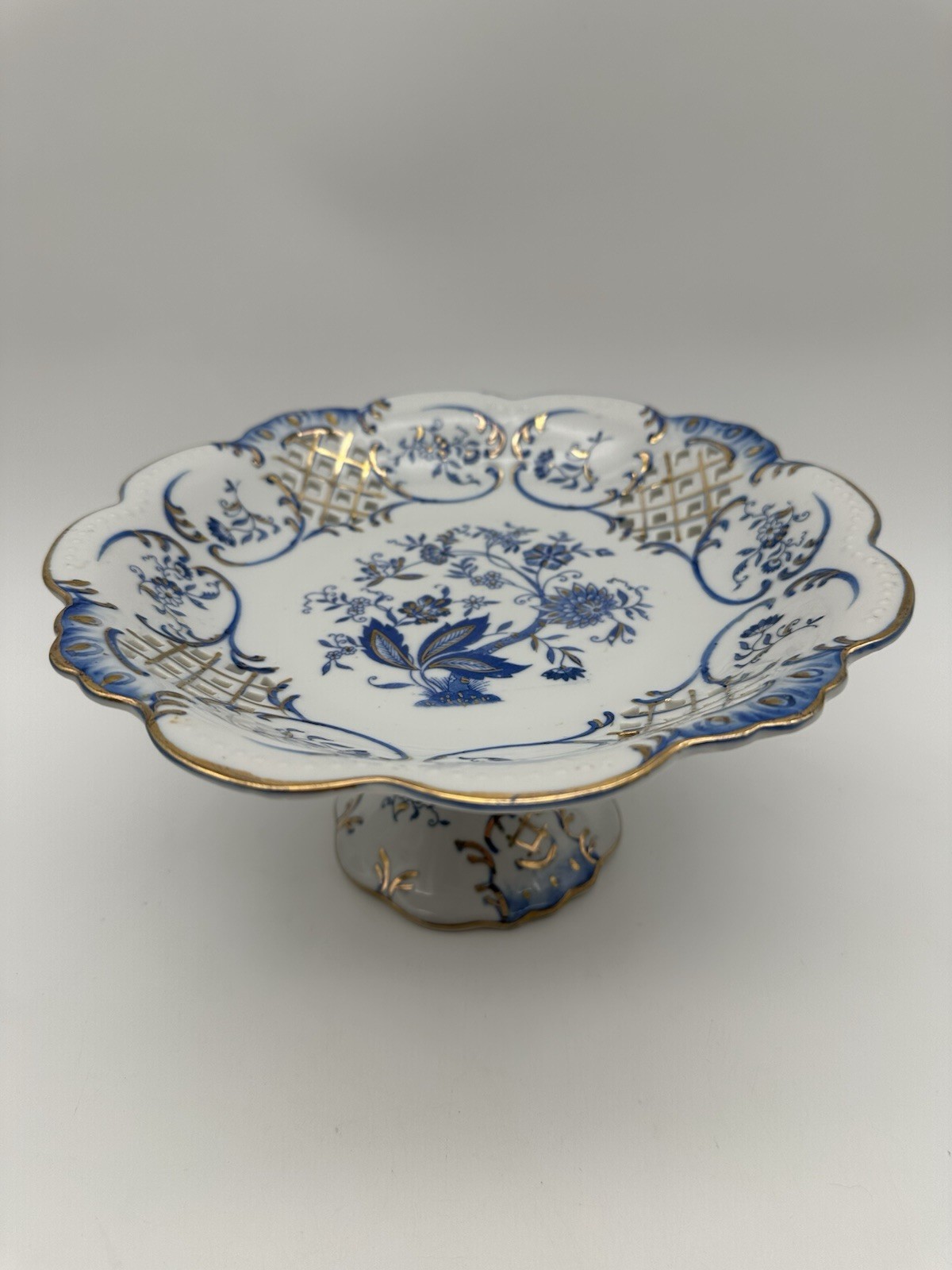 Vintage Andrea Reticulated Pedestal Porcelain Bowl Blue And Gold
