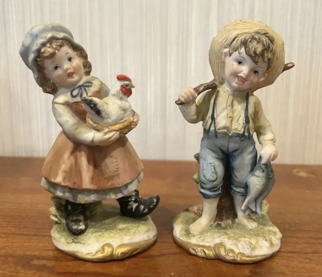 Lefton China Farm Girl W/Chicken & Boy W/Fish KW2667 Vintage Farmhouse Figurine