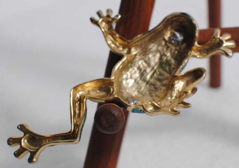 Vintage Gold Tone Frog Green Rhinestones Eyes Figurine 3 x 4 inches Long