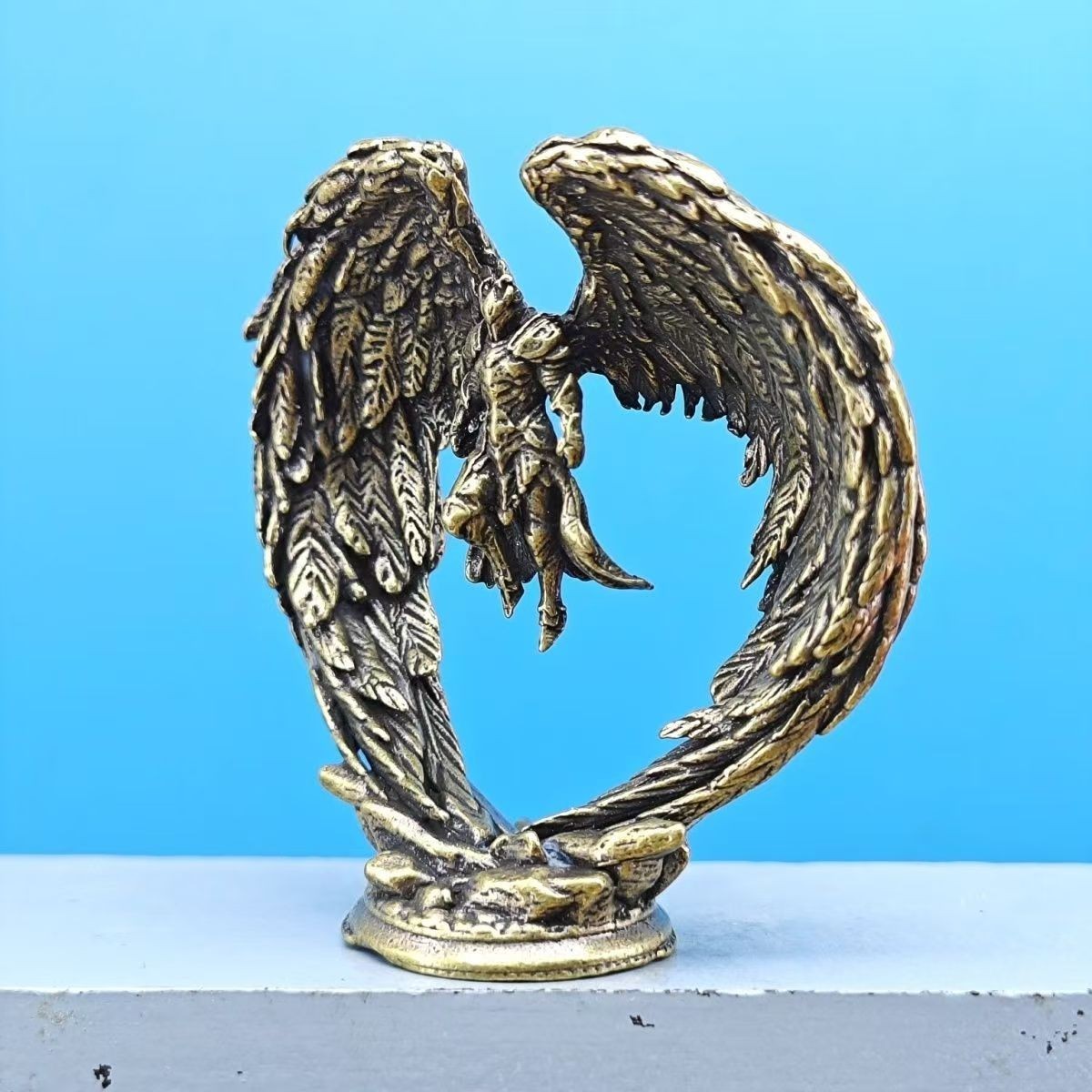 Mini Brass Winged Angel Warrior Figurine Metal Fantasy Desk Collectible