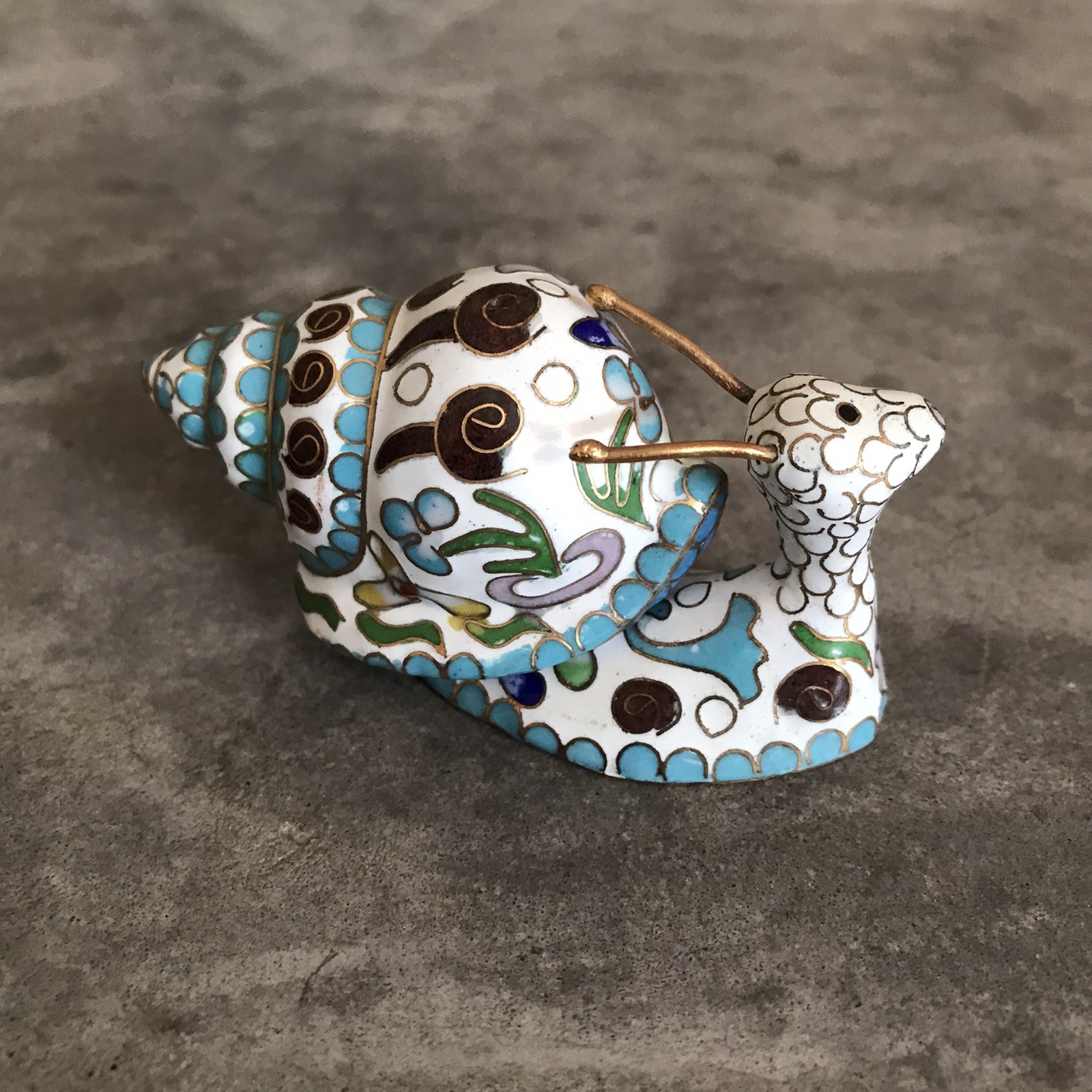 Vintage Cloisonne Snail Figurine Hand Painted Enamel Metal White Decor Garden