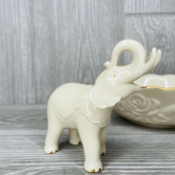 Rare Vintage Lenox Porcelain Elephant Figurines white gold figurine & bowl dish