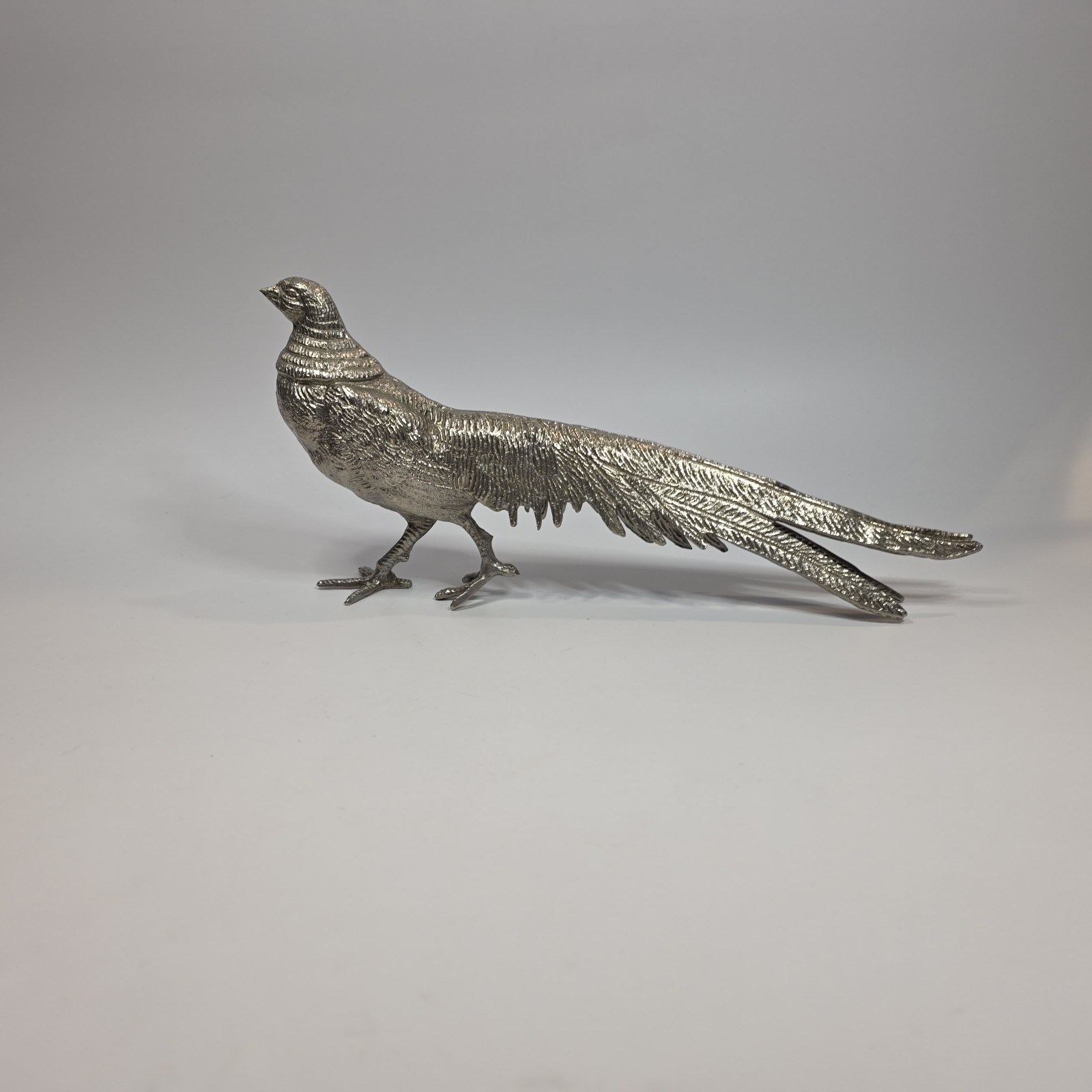 Vintage Silver Tone Pheasant Figurine Long Tail Bird Metal Statue