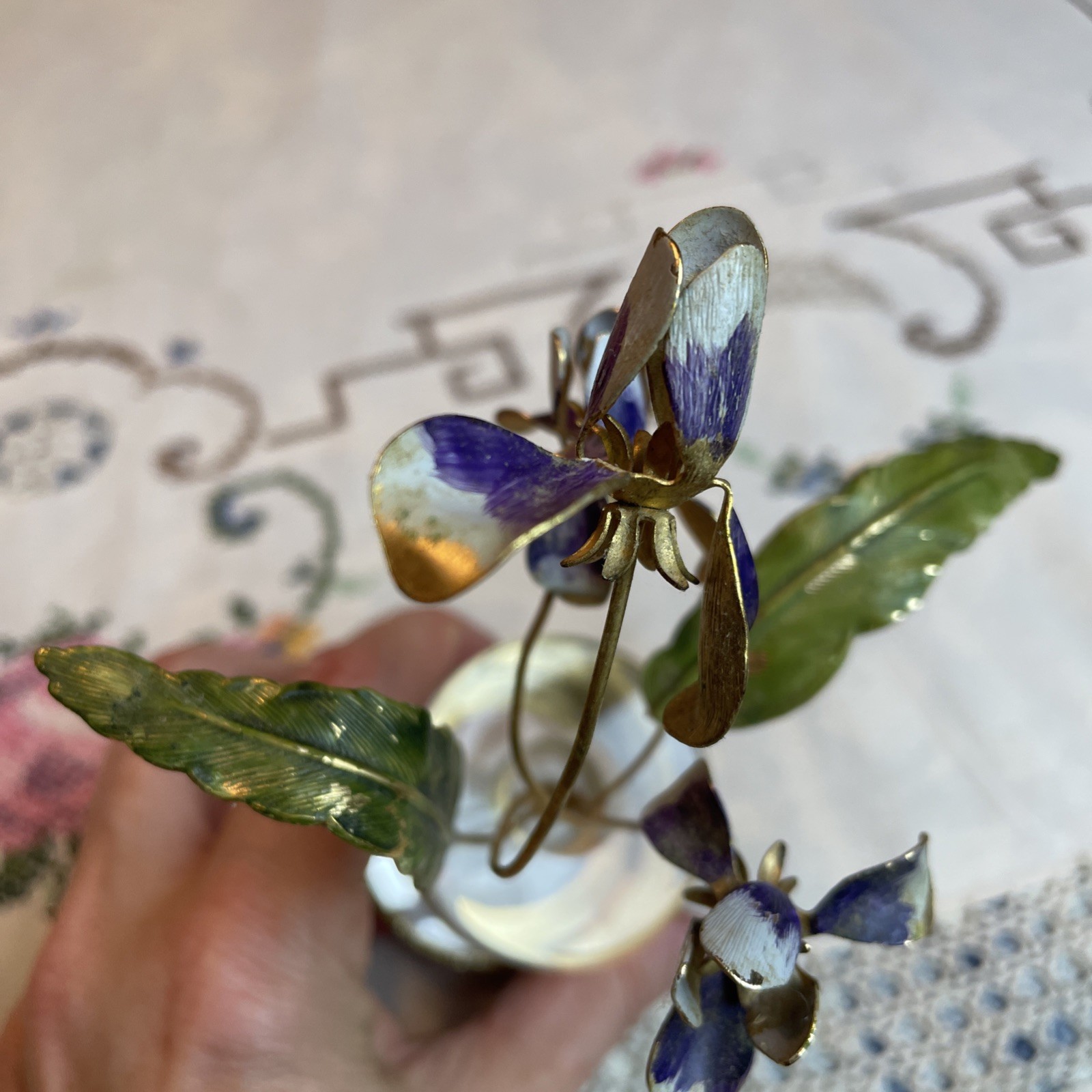 VTG Enameled Flowers w/Lucite Base Gorham Jane Hutcheson Fleurs Des Siecles