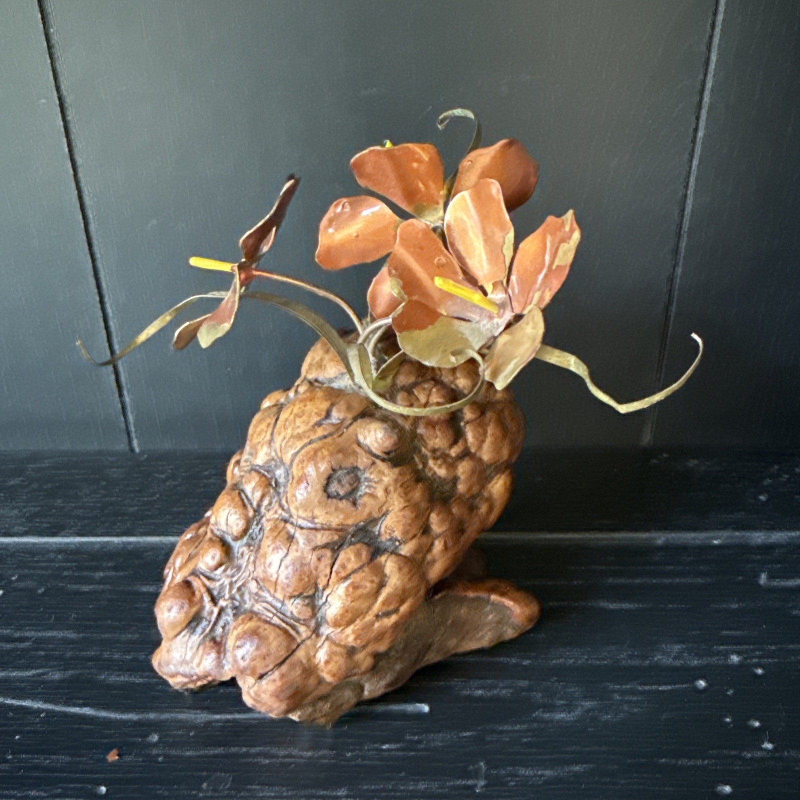 MCM Decor Brass Sculpture Of 3 Flowers on Burl Wood Base 3.5”x5” Display