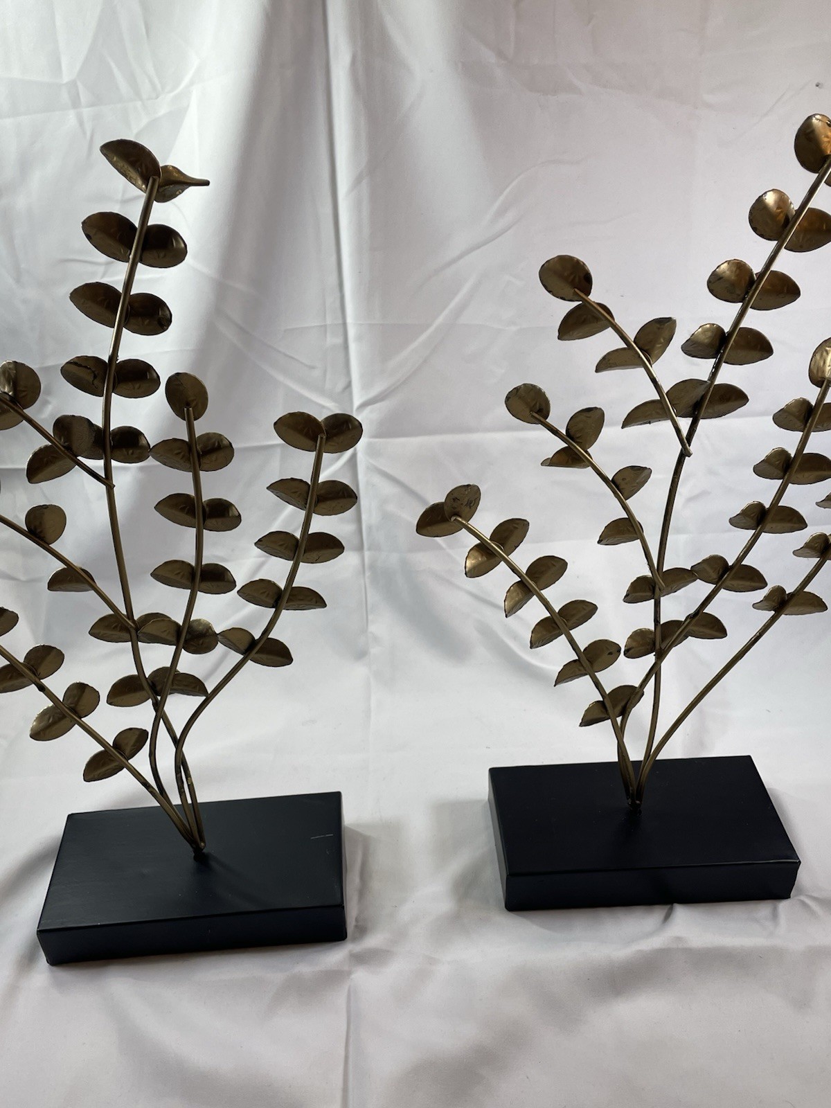 Pair of Gold Metal Leaf Sculptures Freestanding Modern on Black Base