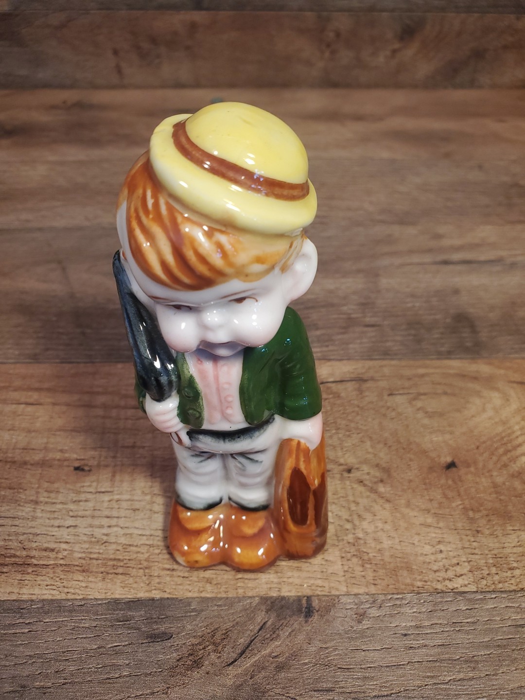 Little Boy Vintage Figurine Hat Umbrella Bag Green Coat Handpainted Bisque 5.5in