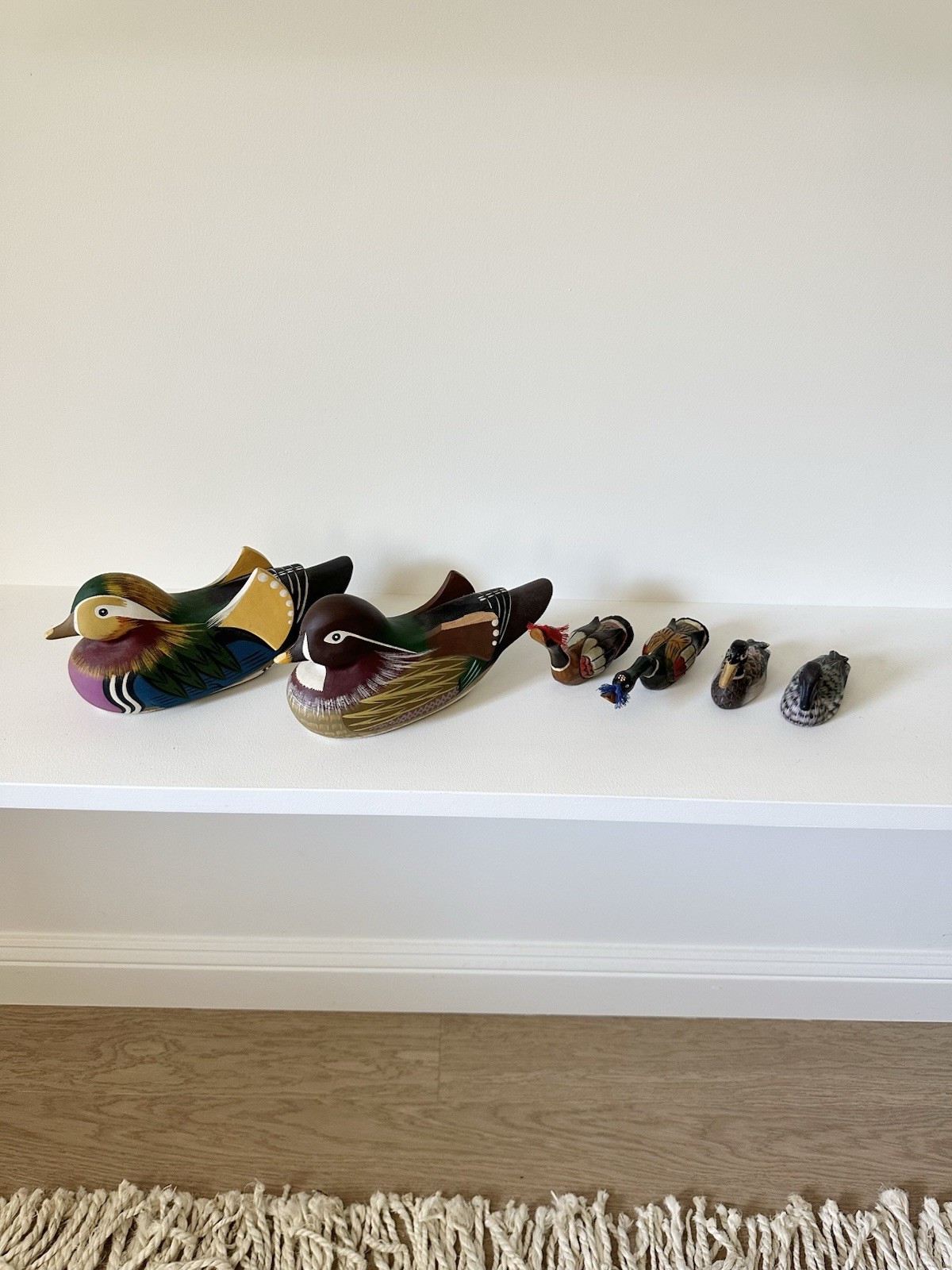 Vintage Korean Traditional Hand Carved Duck Wood Figurine Sculpture Set Of 6