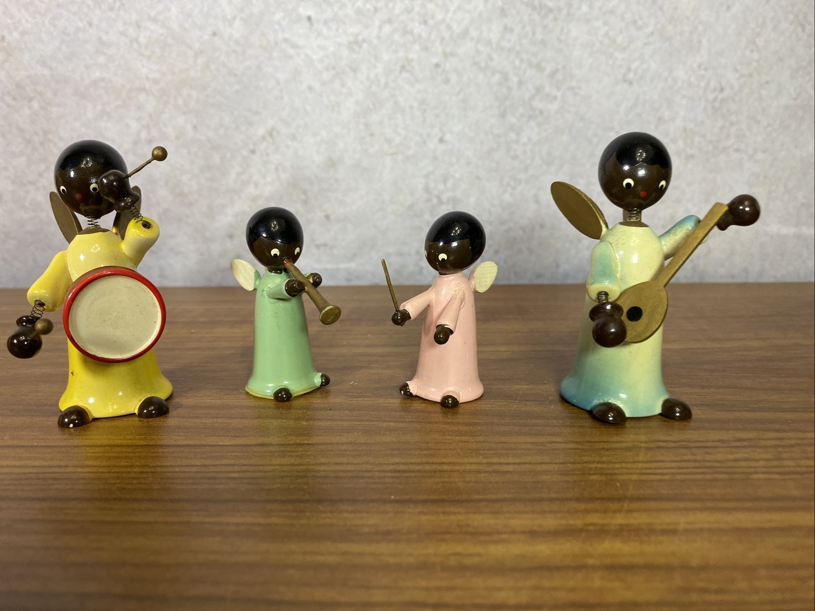 Vintage Goula Spain Wood Figurines 4 Black African Angels Band Drum Horn Band U4